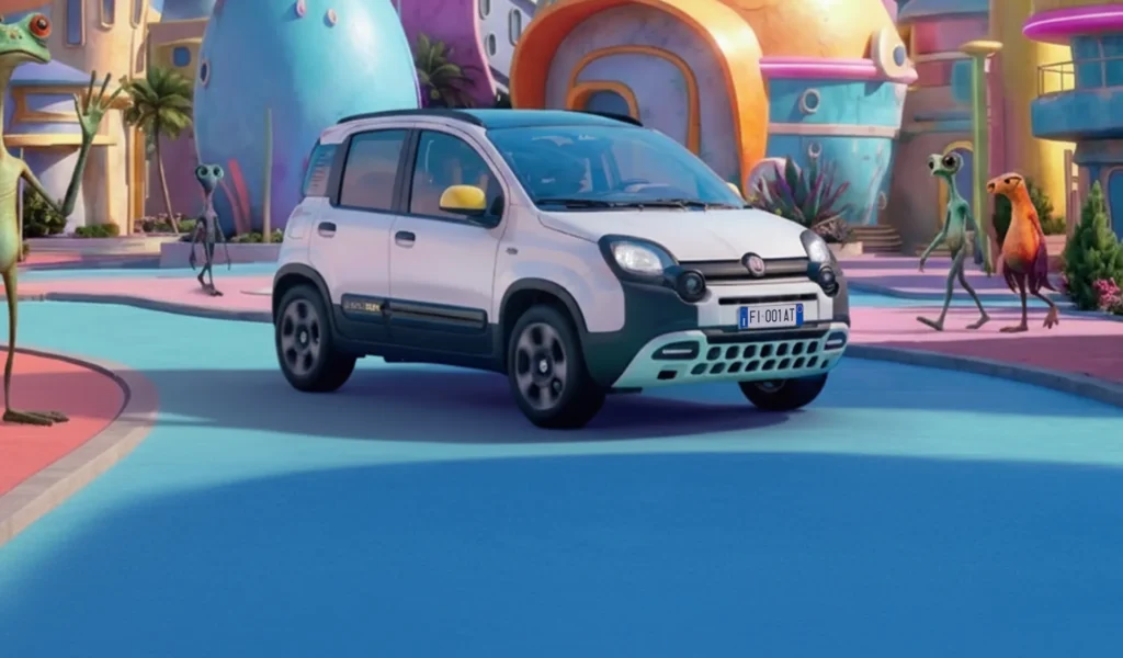 Fiat Pandina in un paesaggio fantastico extraterrestre